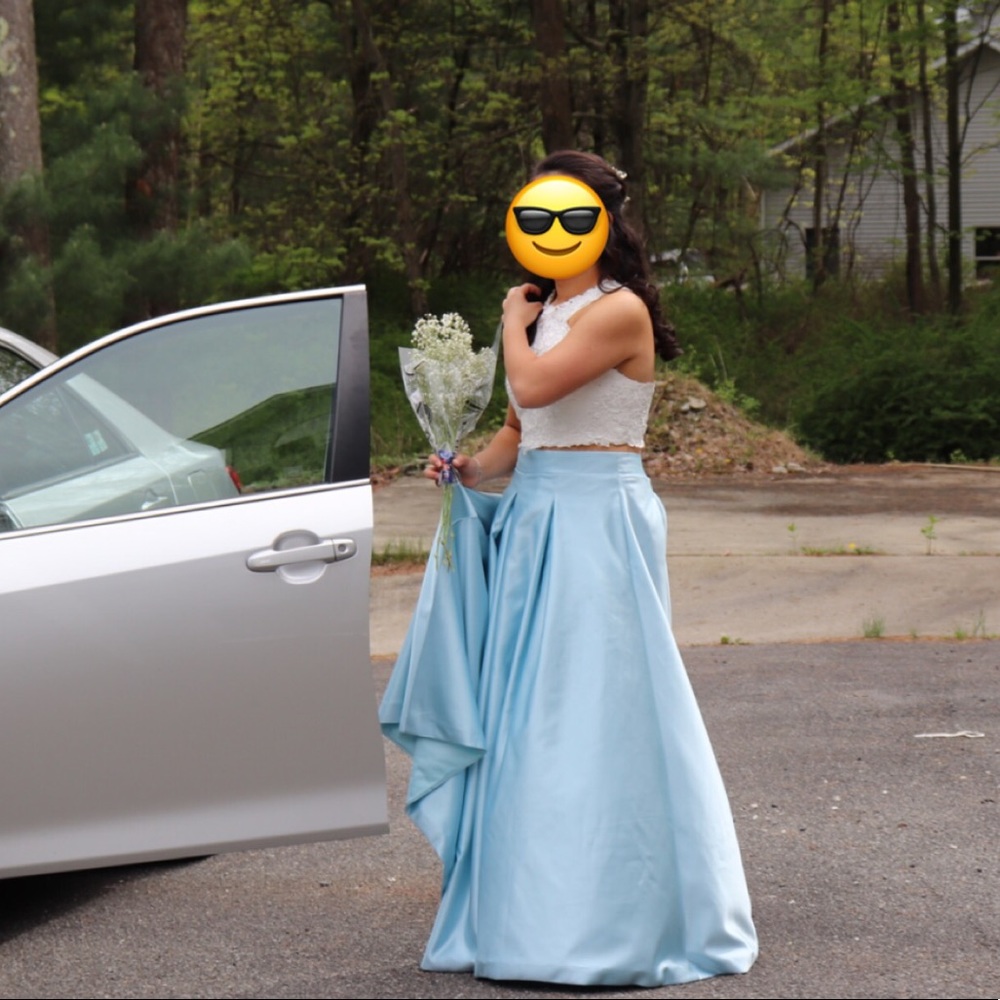 Two piece white and blue prom dress
